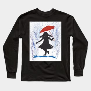 Playing in the Rain Watercolor Painting of Silhouette of Young Girl with Red Umbrella Long Sleeve T-Shirt